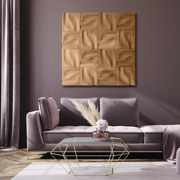 Holzwand im Wohnzimmer aus Eiche mit dem Paneel Impressions von Karim Rashid der Designer-Serie von Naturewalls x Form At Wood.